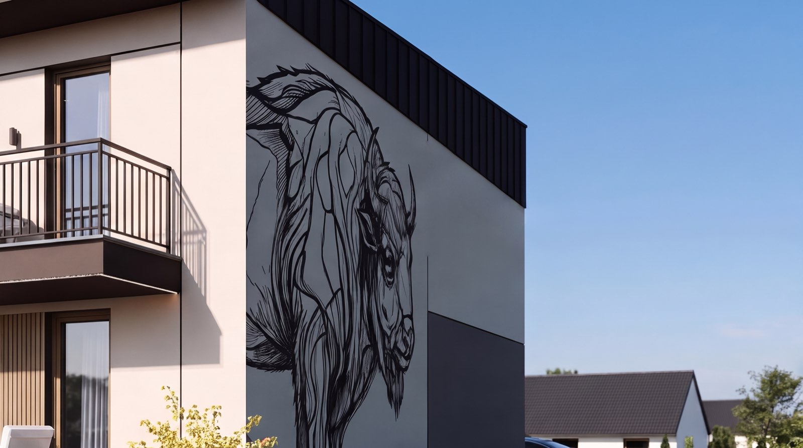 Mural żubra na ścianie szczytowej